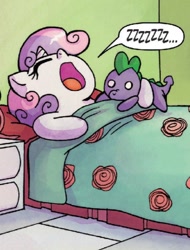 Size: 640x844 | Tagged: safe, idw, character:spike, character:sweetie belle, species:dragon, bed, comic, doll, nose in the air, sleeping, snoring, spike plushie, toy, zzz