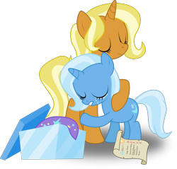 Size: 3138x3000 | Tagged: safe, artist:ruinedomega, idw, character:sunflower spectacle, character:trixie, species:pony, species:unicorn, g4, clothing, crying, cute, diatrixes, female, filly, filly trixie, grades, hat, hug, idw showified, like mother like daughter, mare, mother and daughter, present, simple background, smiling, transparent background, trixie's hat, vector, younger