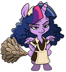 Size: 1274x1388 | Tagged: safe, alternate version, artist:jay fosgitt, idw, character:twilight sparkle, character:twilight sparkle (alicorn), species:alicorn, species:pony, apron, clothing, costume, disguise, dress, duster, female, hand on hip, magenta, mare, rocky horror picture show, semi-anthro, simple background, solo, spread wings, transparent background, unamused, vector, wings
