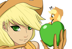 Size: 1600x1100 | Tagged: safe, artist:ninja-8004, character:applejack, species:earth pony, species:human, species:pony, apple, clothing, colored pupils, female, gloves, human ponidox, humanized, mare, simple background, white background