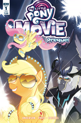 Size: 1341x2035 | Tagged: safe, artist:tonyfleecs, idw, character:applejack, character:fluttershy, character:grubber, character:storm king, my little pony: the movie (2017), cover, glasses, jewelry, my little pony: the movie prequel