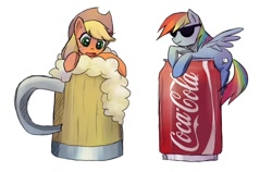 Size: 770x486 | Tagged: safe, artist:keterok, character:applejack, character:rainbow dash, species:pony, cider, coca-cola, cup of pony, drink, micro, soda, sunglasses