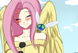 Size: 1600x1100 | Tagged: safe, artist:ninja-8004, character:fluttershy, species:human, episode:swarm of the century, g4, my little pony: friendship is magic, blushing, clothing, cute, eyes closed, female, humanized, parasprite, shyabetes, smiling, solo, sweater, sweatershy, winged humanization