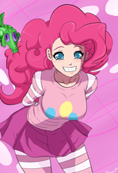 Size: 1300x1900 | Tagged: safe, artist:ninja-8004, character:gummy, character:pinkie pie, species:human, abstract background, biting, clothing, colored pupils, female, hair bite, humanized, skirt, smiling, socks, striped socks, thigh highs