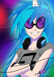 Size: 642x900 | Tagged: safe, artist:ninja-8004, character:dj pon-3, character:vinyl scratch, species:human, female, grin, headphones, horned humanization, humanized, smiling, solo