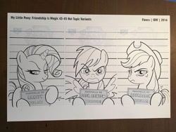 Size: 1024x768 | Tagged: safe, artist:tonyfleecs, idw, official, character:applejack, character:rainbow dash, character:rarity, species:pony, angry, comic cover, cover, jail, monochrome, mugshot