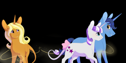 Size: 3000x1500 | Tagged: safe, artist:silcybell, idw, character:night light, character:sunflower spectacle, character:twilight velvet, species:pony, species:unicorn, ship:nightvelvet, g4, black background, bow, crying, female, headcanon, leonine tail, looking at each other, male, shipping, simple background, straight, tail bow