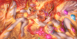 Size: 1980x1024 | Tagged: safe, artist:girlsay, idw, character:daybreaker, character:nightmare star, character:princess celestia, species:alicorn, species:pony, episode:a royal problem, g4, my little pony: friendship is magic, duo, element of generosity, element of honesty, element of kindness, element of laughter, element of loyalty, element of magic, elements of harmony, enterplay, female, fight, horseshoes, looking at each other, mane of fire, mare, merchandise, patreon, patreon logo, self ponidox, trading card game, two flaming sunponies