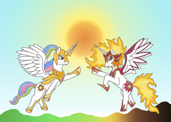 Size: 876x622 | Tagged: safe, artist:malte279, character:daybreaker, character:princess celestia, species:alicorn, species:pony, episode:a royal problem, g4, my little pony: friendship is magic, armor, catasterism, sun, warrior celestia
