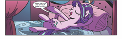 Size: 720x234 | Tagged: safe, edit, idw, character:starlight glimmer, species:pony, species:unicorn, legends of magic, bed, crossed legs, dialogue, draw me like one of your french girls, eyes closed, female, mare, meme, on back, open mouth, pillow, pomf, raised hoof, smiling, solo