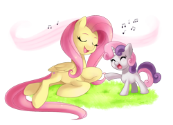 Size: 700x506 | Tagged: dead source, safe, artist:jiayi, character:fluttershy, character:sweetie belle, species:pegasus, species:pony, species:unicorn, cute, diasweetes, eyes closed, female, filly, grass, mare, shyabetes, singing, smiling