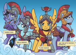 Size: 850x622 | Tagged: safe, artist:brendahickey, idw, official comic, character:bella breeze, character:flash magnus, character:grimhoof, character:nimbus dash, species:pegasus, species:pony, legends of magic, armor, cape, clothing, cloud, cloudsdale, eye scar, female, helmet, male, mare, quartet, royal legion, scar, spread wings, stallion, wings