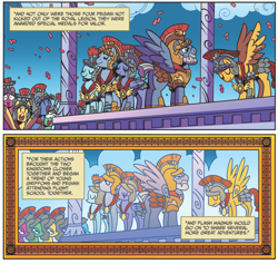 Size: 852x807 | Tagged: safe, artist:brendahickey, idw, official comic, character:bella breeze, character:flash magnus, character:grimhoof, character:nimbus dash, species:pegasus, species:pony, legends of magic, armor, captain ironhead, comic, female, male, mare, medal, royal legion, stallion