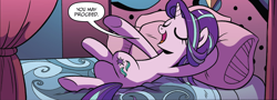 Size: 1810x654 | Tagged: safe, artist:brendahickey, idw, character:starlight glimmer, species:pony, species:unicorn, legends of magic, bed, bedroom, cropped, crossed legs, dialogue, eyes closed, female, mare, oh my, on back, on bed, open mouth, out of context, pillow, proceed, she wants the d, smiling, solo, underhoof
