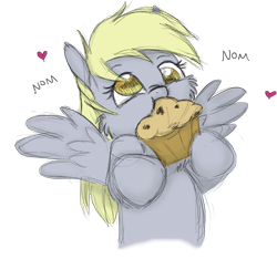 Size: 1344x1257 | Tagged: safe, artist:bri-sta, artist:longren, edit, character:derpy hooves, species:pegasus, species:pony, cheek fluff, color edit, colored, cute, derpabetes, eating, female, food, heart, hoof hold, mare, muffin, nom, simple background, solo, spread wings, that pony sure does love muffins, transparent background, wings