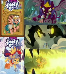 Size: 1513x1683 | Tagged: safe, idw, screencap, character:flash magnus, character:somnambula, character:sphinx, species:dragon, species:pegasus, species:pony, species:sphinx, episode:campfire tales, episode:daring done, g4, legends of magic, my little pony: friendship is magic, collage, female, fire, glowing eyes, glowing mouth, male, mare, netitus, season 7, shield, stallion