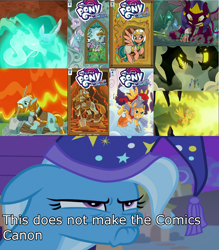 Size: 1920x2190 | Tagged: safe, edit, idw, screencap, character:albus, character:flash magnus, character:iron eagle, character:mistmane, character:rockhoof, character:somnambula, character:trixie, species:pony, episode:campfire tales, episode:to where and back again, g4, legends of magic, my little pony: friendship is magic, comic cover, faec, floppy ears, frown, glare, grumpy, image macro, lip bite, meme, netitus, op is a duck, op is just having a laugh, shield