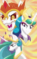 Size: 1200x1920 | Tagged: safe, artist:theroyalprincesses, idw, character:daybreaker, character:princess celestia, species:alicorn, species:pony, episode:a royal problem, g4, my little pony: friendship is magic, alternate universe, armor, duality, evil celestia, evil grin, female, grin, mane of fire, mare, open mouth, reflections, smiling, trio