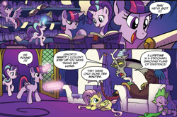 Size: 1145x759 | Tagged: safe, artist:tonyfleecs, idw, official comic, character:discord, character:fluttershy, character:spike, character:starlight glimmer, character:twilight sparkle, character:twilight sparkle (alicorn), species:alicorn, species:draconequus, species:dragon, species:pegasus, species:pony, species:unicorn, book, comic, cropped, dialogue, female, friendship throne, library, magic, magic aura, male, mare, montage, speech bubble, telekinesis, twilight's castle, twilight's castle library