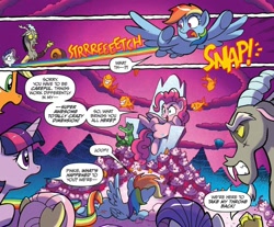 Size: 1110x918 | Tagged: safe, artist:tonyfleecs, idw, official comic, character:applejack, character:discord, character:fluttershy, character:gummy, character:pinkie pie, character:rainbow dash, character:rarity, character:twilight sparkle, character:twilight sparkle (alicorn), species:alicorn, species:draconequus, species:earth pony, species:pegasus, species:pony, comic, cropped, dialogue, female, male, mane six, mare, speech bubble, the discord zone, throne
