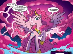 Size: 1230x911 | Tagged: dead source, safe, artist:tonyfleecs, idw, official comic, character:pinkie pie, species:alicorn, species:pony, alicornified, altered cutie mark, amy mebberson, comic panel, equestria is doomed, evil grin, god has come to reap the sinners, hoof shoes, it finally happened, it's over, oh no, peytral, pinkiecorn, princess of chaos, princess pinkie pie, race swap, raised hoof, run for your lives, smiling, smirk, solo, spread wings, the end is neigh, this will end in chaos, this will end in tears, we are all gonna die!, well we're boned, when you see it, wings, xk-class end-of-the-universe scenario, xk-class end-of-the-world scenario, yes
