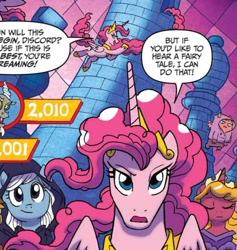 Size: 528x557 | Tagged: safe, artist:tonyfleecs, idw, official comic, character:discord, character:pinkie pie, species:alicorn, species:pony, alicornified, big boy the cloud gremlin, cloud gremlins, female, hoers, mare, pinkiecorn, princess of chaos, race swap, video game, xk-class end-of-the-world scenario