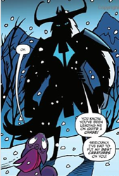 Size: 295x436 | Tagged: safe, idw, official comic, character:storm king, character:tempest shadow, species:pony, my little pony: the movie (2017), dialogue, duo, female, male, mare, my little pony: the movie prequel, silhouette, snow, speech bubble