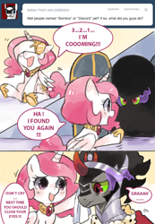 Size: 642x929 | Tagged: safe, artist:suikuzu, character:king sombra, character:princess celestia, species:pony, species:umbrum, ask, ask chibilestia, cewestia, chibi, colt, colt sombra, cute, cutelestia, filly, graah, male, pink-mane celestia, sombradorable, tumblr, young, young celestia, younger