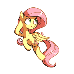 Size: 768x768 | Tagged: safe, artist:karzahnii, character:fluttershy, species:pegasus, species:pony, female, flying, mare, raised hoof, simple background, smiling, solo, white background