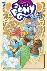 Size: 791x1200 | Tagged: safe, artist:tonyfleecs, idw, official comic, character:meadowbrook, character:rockhoof, species:earth pony, species:pony, legends of magic, beard, cover, duo, facial hair, female, flower, helmet, male, mare, moustache, stallion