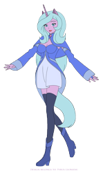 Size: 1899x3177 | Tagged: safe, artist:pyrus-leonidas, idw, character:radiant hope, species:human, clothing, eared humanization, female, horned humanization, humanized, open mouth, pony coloring, simple background, solo, tailed humanization, transparent background