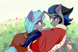 Size: 3300x2230 | Tagged: safe, artist:phyllismi, idw, character:good king sombra, character:king sombra, character:radiant hope, species:pony, species:unicorn, ship:hopebra, cape, cloak, clothing, female, flower, high res, looking at each other, male, mare, shipping, smiling, stallion, straight
