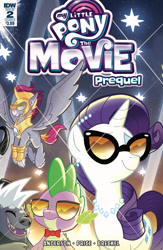 Size: 650x1000 | Tagged: safe, artist:tonyfleecs, idw, character:grubber, character:rarity, character:spike, character:stratus skyranger, species:classical hippogriff, species:dragon, species:hippogriff, ship:sparity, my little pony: the movie (2017), comic, cover, female, glasses, jewelry, male, my little pony: the movie prequel, shipping, straight