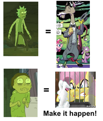 Size: 732x860 | Tagged: safe, idw, character:angel bunny, character:fluttershy, character:pinkie pie, character:spike, species:dragon, accord, dark mirror universe, evil fluttershy, exploitable meme, make it happen, meme, morty smith, rick and morty, rick sanchez, toxic, toxic morty, toxic rick, youtube link