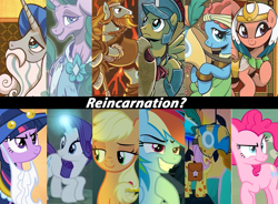 Size: 1495x1099 | Tagged: safe, artist:brendahickey, idw, character:applejack, character:flash magnus, character:fluttershy, character:meadowbrook, character:mistmane, character:pinkie pie, character:rainbow dash, character:rarity, character:rockhoof, character:somnambula, character:star swirl the bearded, character:twilight sparkle, species:earth pony, species:pegasus, species:pony, species:unicorn, episode:a health of information, episode:campfire tales, episode:daring done, episode:luna eclipsed, g4, legends of magic, my little pony: friendship is magic, female, healer's mask, jossed, male, mane six, mare, mask, netitus, pillars of equestria, reincarnation, rockhoof's shovel, shield, stallion, theory
