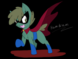 Size: 4032x3024 | Tagged: safe, artist:larrykitty, idw, character:humdrum, species:earth pony, species:pony, episode:power ponies, g4, my little pony: friendship is magic, black background, colt, humdrum (pony), looking at you, male, open mouth, raised hoof, simple background, solo