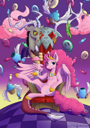 Size: 1024x1448 | Tagged: safe, artist:muffinkarton, idw, character:discord, character:gummy, character:pinkie pie, species:alicorn, species:draconequus, species:pony, ship:discopie, alicornified, bad end, balloon, chair, chaos, chocolate, chocolate rain, coffee mug, crown, cupcake, discorded landscape, female, food, jewelry, looking at you, male, mare, mug, party cannon, pinkiecorn, princess of chaos, race swap, rain, regalia, shipping, straight, throne, xk-class end-of-the-world scenario
