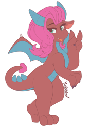 Size: 2251x3177 | Tagged: safe, artist:kribbles, idw, character:mina, species:dragon, claws, dragon wings, dragoness, fangs, female, horns, looking at you, open mouth, peace sign, simple background, smiling, solo, spread wings, white background, wings