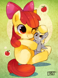 Size: 612x828 | Tagged: safe, artist:suikuzu, character:apple bloom, character:derpy hooves, species:pony, adorabloom, cute, plushie