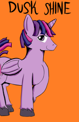 Size: 1447x2246 | Tagged: safe, artist:chiptunebrony, idw, character:twilight sparkle, character:twilight sparkle (alicorn), oc:dusk shine, species:alicorn, species:pony, andy price, handwritten text, lidded eyes, looking at you, rule 63, smiling, style emulation, wings