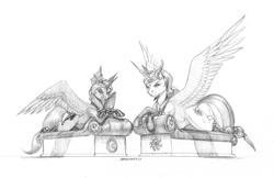 Size: 1490x964 | Tagged: safe, artist:baron engel, idw, patreon reward, character:princess celestia, character:princess luna, species:alicorn, species:pony, armor, crossed hooves, evil, evil celestia, evil luna, evil sisters, grayscale, monochrome, patreon, pencil drawing, reflections, royal sisters, simple background, traditional art, white background