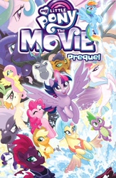 Size: 1987x3056 | Tagged: safe, artist:tonyfleecs, idw, official, character:applejack, character:capper dapperpaws, character:captain celaeno, character:fluttershy, character:grubber, character:pinkie pie, character:princess celestia, character:princess luna, character:princess skystar, character:queen novo, character:rainbow dash, character:rarity, character:spike, character:storm king, character:tempest shadow, character:twilight sparkle, character:twilight sparkle (alicorn), species:alicorn, species:anthro, species:dragon, species:pony, species:seapony (g4), my little pony: the movie (2017), amazon.com, anthro with ponies, comic, cover, mane seven, mane six, my little pony logo, my little pony: the movie prequel, united kingdom