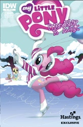 Size: 575x884 | Tagged: safe, artist:amy mebberson, idw, official, official comic, character:angel bunny, character:fluttershy, character:pinkie pie, active stretch, backbend, comic, cover, flexible, hastings, ice skating