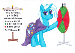 Size: 3504x2484 | Tagged: safe, artist:malte279, character:trixie, species:pony, species:unicorn, cape, clothing, female, great and powerful, mare, marker drawing, simple background, solo, third person, traditional art, trixie's cape, wheel of fortune, white background