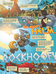 Size: 768x1024 | Tagged: safe, artist:tonyfleecs, idw, official comic, character:rockhoof, species:earth pony, species:pony, legends of magic, clothing, cocoa axe, comic, female, helmet, lava, male, mare, mighty helm, preview, rockhoof's shovel, rockhoof's village, shovel, stallion, steela oresdotter, valknut, volcano