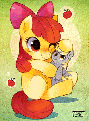 Size: 306x414 | Tagged: safe, artist:suikuzu, character:apple bloom, character:derpy hooves, species:pegasus, species:pony, adorabloom, animated, cute, doll, female, hnnng, mare, plushie
