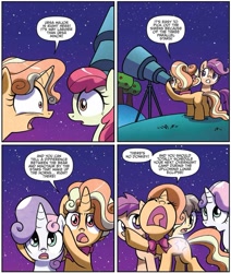 Size: 1171x1383 | Tagged: safe, artist:agnesgarbowska, idw, official comic, character:apple bloom, character:scootaloo, character:sweetie belle, species:earth pony, species:pegasus, species:pony, species:unicorn, bow, comic, cutie mark crusaders, cutiespark, dialogue, female, filly, foal, gilded lily, night, speech bubble, stargazing, telescope