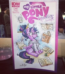 Size: 1080x1224 | Tagged: safe, artist:katiecandraw, idw, character:twilight sparkle, character:twilight sparkle (alicorn), species:alicorn, species:pony, book, comic cover, magic, smiling, traditional art