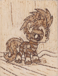 Size: 593x784 | Tagged: safe, artist:malte279, character:scootaloo, species:pegasus, species:pony, pyrography, show stoppers outfit, stage, traditional art