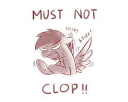 Size: 1280x1024 | Tagged: safe, artist:sugar morning, oc, oc only, oc:slipstream, species:pegasus, species:pony, angry, clopping, cute, floppy ears, frown, frustrated, funny, glare, hoof hold, hooves, implied masturbation, male, monochrome, ponies, shivering, simple background, sketch, spread wings, stallion, struggling, sweat, text, white background, white eyes, wingboner, wings